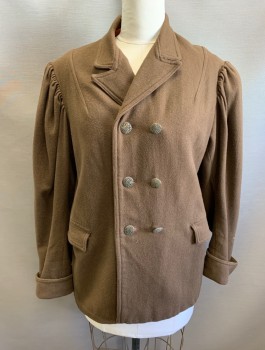 Womens, Jacket 1890s-1910s, N/L MTO, Brown, Wool, Solid, B:38, L, Double Breasted, Puffy Sleeves Gathered at Shoulders, Notched Lapel, 2 Pockets, Intricate Floral Metal Buttons, Hip Length, Rust Lining, Made To Order
