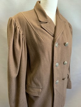 Womens, Jacket 1890s-1910s, N/L MTO, Brown, Wool, Solid, B:38, L, Double Breasted, Puffy Sleeves Gathered at Shoulders, Notched Lapel, 2 Pockets, Intricate Floral Metal Buttons, Hip Length, Rust Lining, Made To Order