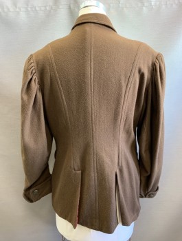 N/L MTO, Brown, Wool, Solid, Double Breasted, Puffy Sleeves Gathered at Shoulders, Notched Lapel, 2 Pockets, Intricate Floral Metal Buttons, Hip Length, Rust Lining, Made To Order