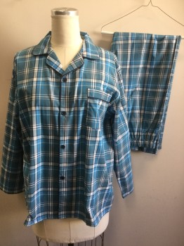 SOMNIA & RETEASE, Turquoise Blue, Navy Blue, White, Polyester, Cotton, Plaid, Button Front, Long Sleeves, 1 Pocket, Navy Piping,