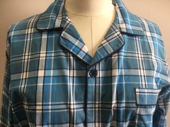 SOMNIA & RETEASE, Turquoise Blue, Navy Blue, White, Polyester, Cotton, Plaid, Button Front, Long Sleeves, 1 Pocket, Navy Piping,