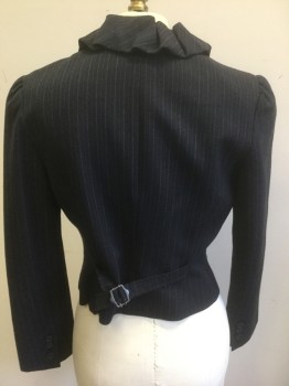 REBECCA TAYLOR, Charcoal Gray, Gray, Wool, Spandex, Stripes - Pin, Charcoal with Gray Pinstripes, 5 Small Buttons, V-neck with Self Ruffled Trim, Fitted, 2 Welt Pockets