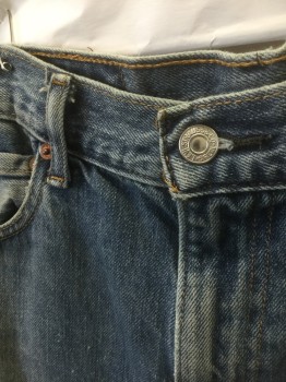 LEVI'S , Denim Blue, Cotton, Solid, Medium Faded Denim, Cut Off Frayed Hem, Zip Fly, 5 Pockets, Belt Loops, Light Distressing, 11" Inseam