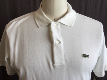 LACOSTE, White, Cotton, Solid, Collar Attached, 2 Button Front, Short Sleeves,