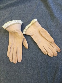 Womens, Gloves 1890s-1910s, NL, Beige, Leather, Solid, Beige Leather with Cream & Taupe Crochet Trim at Gauntlet  Clean,