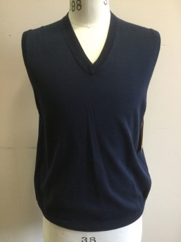 BROOKS BROTHERS, Navy Blue, Cotton, Solid, V-neck, Pull Over