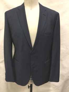 HUGO BOSS, Navy Blue, Charcoal Gray, Wool, Grid , Single Breasted, Notched Lapel, 2 Buttons,  3 Pockets, Gray/White Grid Textured Lining