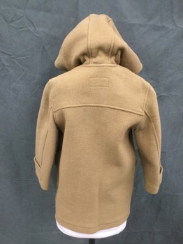 Childrens, Coat, SKHUABAN, Camel Brown, Acrylic, Wool, Solid, Ch 30, 6-7, Brown Leather and Toggle Over Zip Front, 2 Flap Pockets, Attached Hood, Button Tab at Cuff