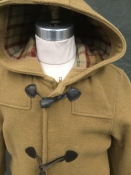 Childrens, Coat, SKHUABAN, Camel Brown, Acrylic, Wool, Solid, Ch 30, 6-7, Brown Leather and Toggle Over Zip Front, 2 Flap Pockets, Attached Hood, Button Tab at Cuff