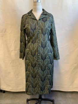 Womens, House Dress, N/L, Green, Dk Green, Lt Blue, Teal Green, Polyester, Paisley/Swirls, W 36, B 40, 3/4 Zip Front, Collar Attached, Notched Lapel, Long Sleeves, Ankle Length, Belt Loops, (NO BELT)