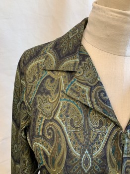 Womens, House Dress, N/L, Green, Dk Green, Lt Blue, Teal Green, Polyester, Paisley/Swirls, W 36, B 40, 3/4 Zip Front, Collar Attached, Notched Lapel, Long Sleeves, Ankle Length, Belt Loops, (NO BELT)