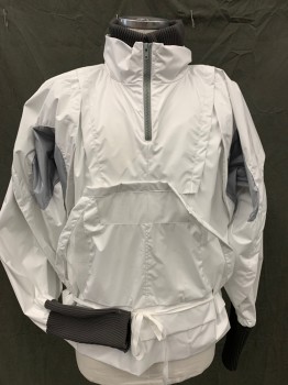 Unisex, Sci-Fi/Fantasy Jacket, MTO, White, Nylon, Solid, L, Space Windbreaker, Pullover, Contrasting Gray Ribbed Knit Collar/Extended Cuff, Gray Under Sleeve Panels, Self Tie, 1/4 Zip Front, Back Panel Hanging at Waist, High Collar *2 Slit Tears in Back*