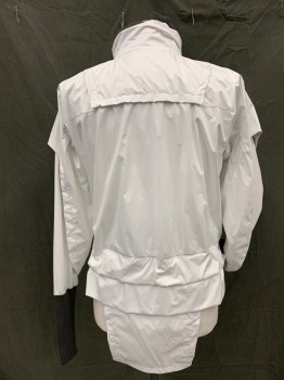 Unisex, Sci-Fi/Fantasy Jacket, MTO, White, Nylon, Solid, L, Space Windbreaker, Pullover, Contrasting Gray Ribbed Knit Collar/Extended Cuff, Gray Under Sleeve Panels, Self Tie, 1/4 Zip Front, Back Panel Hanging at Waist, High Collar *2 Slit Tears in Back*