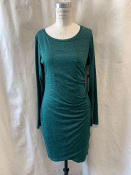 LEITH, Green, Poly/Cotton, Heathered, Pullover, Scoop Neck, Side Ruching, Long Sleeves, Cross Over Hem