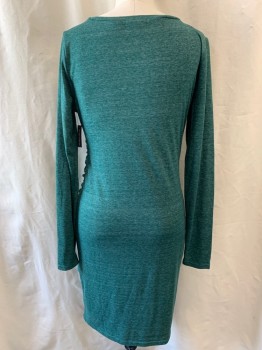 LEITH, Green, Poly/Cotton, Heathered, Pullover, Scoop Neck, Side Ruching, Long Sleeves, Cross Over Hem