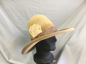 Mens, Historical Fiction Hat , MTO, Brown, Dk Brown, Wool, Leather, 7 5/8, Tall Rounded Crown, Curved Brim, Dark Brown Braided Leather Hatband with Fake Playing Cards, Aged, Hatband Attached with Topstick