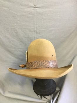 Mens, Historical Fiction Hat , MTO, Brown, Dk Brown, Wool, Leather, 7 5/8, Tall Rounded Crown, Curved Brim, Dark Brown Braided Leather Hatband with Fake Playing Cards, Aged, Hatband Attached with Topstick