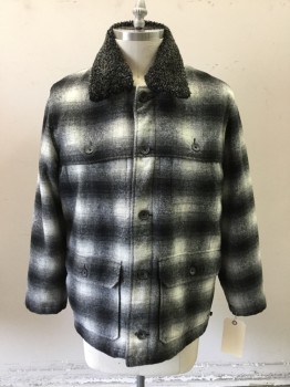 Mens, Barn/Field Jacket, GRIZZLY, Black, Gray, Ecru, Wool, Viscose, Plaid, L, Button Front, Charcoal Fleece Lined Collar Attached, 4 Pockets,