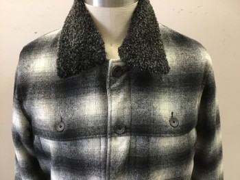 Mens, Barn/Field Jacket, GRIZZLY, Black, Gray, Ecru, Wool, Viscose, Plaid, L, Button Front, Charcoal Fleece Lined Collar Attached, 4 Pockets,