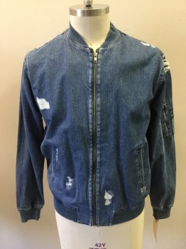 TOPMAN, Blue, Cotton, Faded, Aged/Distressed,  Zip Front, 2 Pockets, 2 Small Pockets on the Sleeve