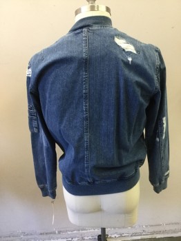 TOPMAN, Blue, Cotton, Faded, Aged/Distressed,  Zip Front, 2 Pockets, 2 Small Pockets on the Sleeve