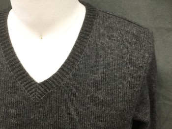 VINCE, Charcoal Gray, Wool, Cashmere, Heathered, Ribbed Knit V-neck, Long Sleeves, Ribbed Knit Cuff/Waistband