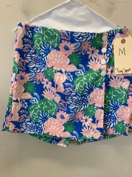 TORY SPORT, Blue, White, Pink, Green, Polyester, Floral, Skort, 3 Snap Flap on Skirt, 2 Faux Rear Pockets