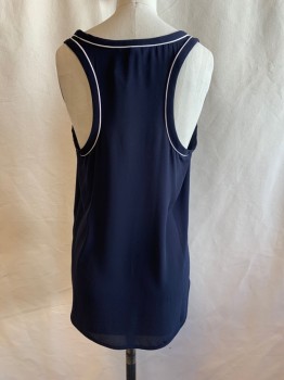 Womens, Top, BANANA REPUBLIC, Midnight Blue, Polyester, S, Scoop Neck, Pullover, Sleeveless, White Trim