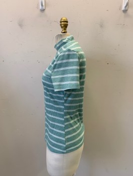Womens, Shirt, MTO, Sea Foam Green, White, Cotton, Stripes - Horizontal , B. 34, Ribbed Jersey Knit, Mock TNeck, S/S