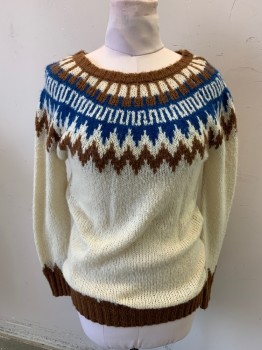 LOVE H81, Beige, Blue, Brown, Acrylic, Wool, Geometric, Alpine Style Sweater, Long Sleeves, Crew Neck, Large Rib Knit Cuffs and Waistband