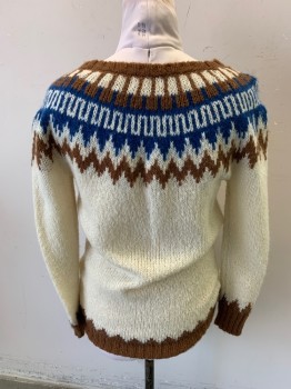 Womens, Pullover, LOVE H81, Beige, Blue, Brown, Acrylic, Wool, Geometric, M, Alpine Style Sweater, Long Sleeves, Crew Neck, Large Rib Knit Cuffs and Waistband
