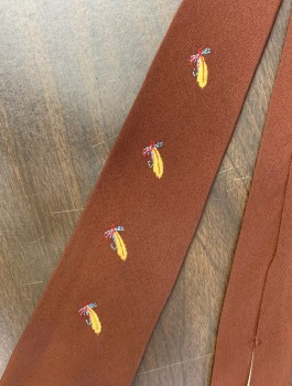 Mens, Tie, KENNETT'S, Chocolate Brown, Yellow, Lt Blue, Red, Rayon, Novelty Pattern, 3", 53", Crepe, with Embroidered Feather Detail