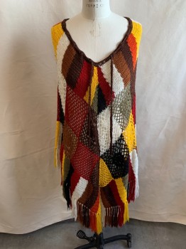 Womens, Poncho, DIABLESS, Black, White, Yellow, Dk Brown, Sage Green, Acrylic, Color Blocking, Squares, O/S, V-neck, Ties at Neck, Fringe Hems