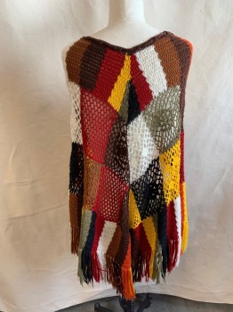 Womens, Poncho, DIABLESS, Black, White, Yellow, Dk Brown, Sage Green, Acrylic, Color Blocking, Squares, O/S, V-neck, Ties at Neck, Fringe Hems