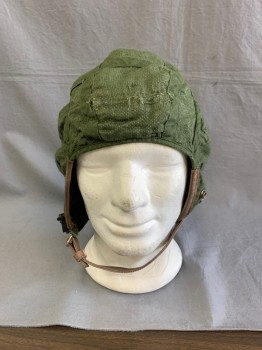 Unisex, Sci-Fi/Fantasy Headpiece, NO LABEL, Dk Olive Grn, Brown, Cotton, Faux Leather, Solid, 4, Aged/Distressed, Liner For A Helmet With Brown Faux leather Trim & Neck Strap, Magnetic Closure