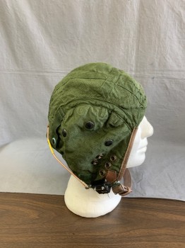 Unisex, Sci-Fi/Fantasy Headpiece, NO LABEL, Dk Olive Grn, Brown, Cotton, Faux Leather, Solid, 4, Aged/Distressed, Liner For A Helmet With Brown Faux leather Trim & Neck Strap, Magnetic Closure