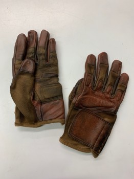 Unisex, Sci-Fi/Fantasy Gloves, NL, Sienna Brown, Tan Brown, Leather, Poly/Cotton, Color Blocking, Faded, M, Tactical, Aged, Velcro Closure