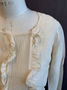 Womens, Blouse 1890s-1910s, N/L, Antique White, Cotton, Solid, B 36, Horizontal Pin Tuck Pleats, Vertical Pin Tuck Pleats Center Panel with Ruffle Trim, Scoop Neck, Long Sleeves, Ruffle Cuff, Solid Peplum with Hook & Eyes Side Seam, Solid Center Back with Ruffle Trim