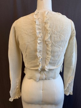 Womens, Blouse 1890s-1910s, N/L, Antique White, Cotton, Solid, B 36, Horizontal Pin Tuck Pleats, Vertical Pin Tuck Pleats Center Panel with Ruffle Trim, Scoop Neck, Long Sleeves, Ruffle Cuff, Solid Peplum with Hook & Eyes Side Seam, Solid Center Back with Ruffle Trim