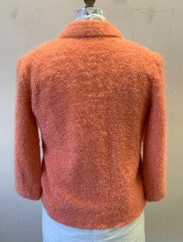 Womens, Jacket, N/L, Peach Orange, Wool, Solid, B:42, Curly Boucle Wool, 3/4 Sleeves, 2 Oversized Buttons with Scallopped Etching, Pointed Lapel, 2 Patch Pockets, Lining is Peach Silk,