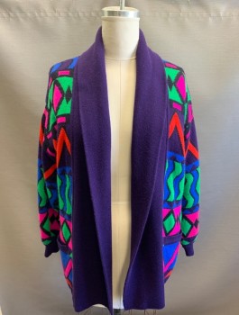 Womens, Sweater, N/L, Multi-color, Purple, Hot Pink, Green, Red, Acrylic, Polyester, Geometric, L, Knit Cardigan/Jacket with Purple Acetate Lining, Shawl Collar, 2 Welt Pockets,