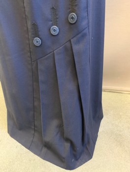 Womens, Skirt 1890s-1910s, N/L MTO, Navy Blue, Wool, Solid, W:32, 1" Wide Self Waistband, Floor Length, Straight Cut, with Asymmetric Pleated Panel at Side Front with 3 Decorative Buttons, Button and Hook/Bar Closure at Back Waist, Made To Order