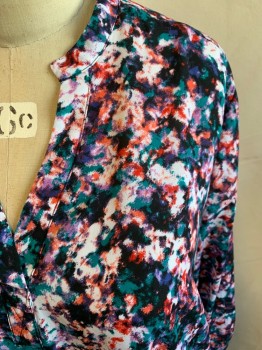 BOUTIQUE, Teal Green, White, Black, Red, Peach Orange, Polyester, Abstract , 1/2 Button Placket Front, Band Collar, 3/4 Sleeve with Elastic Cuff, High-Low Hem, Gathered at Back Yoke