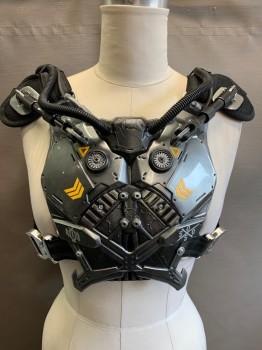 Womens, Sci-Fi/Fantasy Piece 1, MTO, Gray, Black, Yellow, Fiberglass, Foam, 5'10"+, B36-40, Armour, Breast Plate, Adjustable Sides, Has Attachments to Arms and Legs, Right Hose Attached, Left Hose is Attached to Left Leg, Spine Detail, Exoskeleton for a Tall Woman 5'10"+