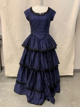 Womens, Historical Fiction Dress, MTO, Navy Blue, Silk, Solid, W 30, B 38, Dot and Floral Jacquard, Bodice Attached to Skirt, Scoop Neck with Black Braided Lop Trim, Cap Sleeves, Curved Peplum, with Piping Trim, Hook & Eye Back, 4 Tier Cartridge Pleat Skirt, Pin Tuck Pleat Hem with Black Braided Loop Trim