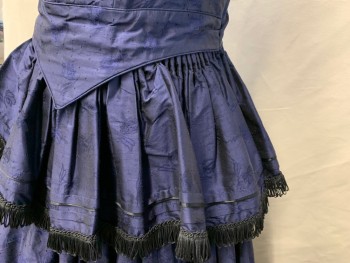 MTO, Navy Blue, Silk, Solid, Dot and Floral Jacquard, Bodice Attached to Skirt, Scoop Neck with Black Braided Lop Trim, Cap Sleeves, Curved Peplum, with Piping Trim, Hook & Eye Back, 4 Tier Cartridge Pleat Skirt, Pin Tuck Pleat Hem with Black Braided Loop Trim