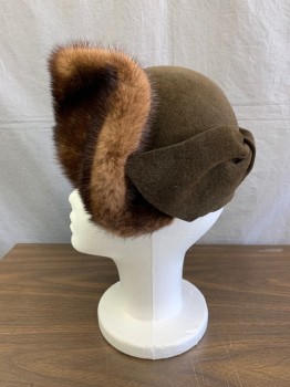 Womens, Hat, Cosprops London,Nw1, Brown, Wool, Fur, Solid, Cloch Style Felt With Upturned Mink Brim in Front, Twisted Felt "bow" Attached to Back, Inside Band Made From Grosgrain Ribbon ,chocolate Brown woven Satin Cosprps Label in Back