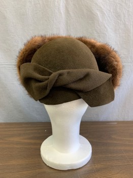 Womens, Hat, Cosprops London,Nw1, Brown, Wool, Fur, Solid, Cloch Style Felt With Upturned Mink Brim in Front, Twisted Felt "bow" Attached to Back, Inside Band Made From Grosgrain Ribbon ,chocolate Brown woven Satin Cosprps Label in Back
