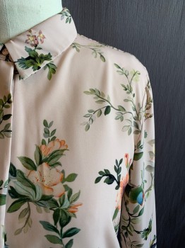 H&M, Beige, Peach Orange, Magenta Pink, Yellow, Green, Polyester, Floral, Collar Attached, Button Front, Long Sleeves, 2 Button Cuffs