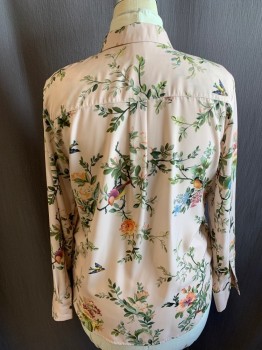 H&M, Beige, Peach Orange, Magenta Pink, Yellow, Green, Polyester, Floral, Collar Attached, Button Front, Long Sleeves, 2 Button Cuffs
